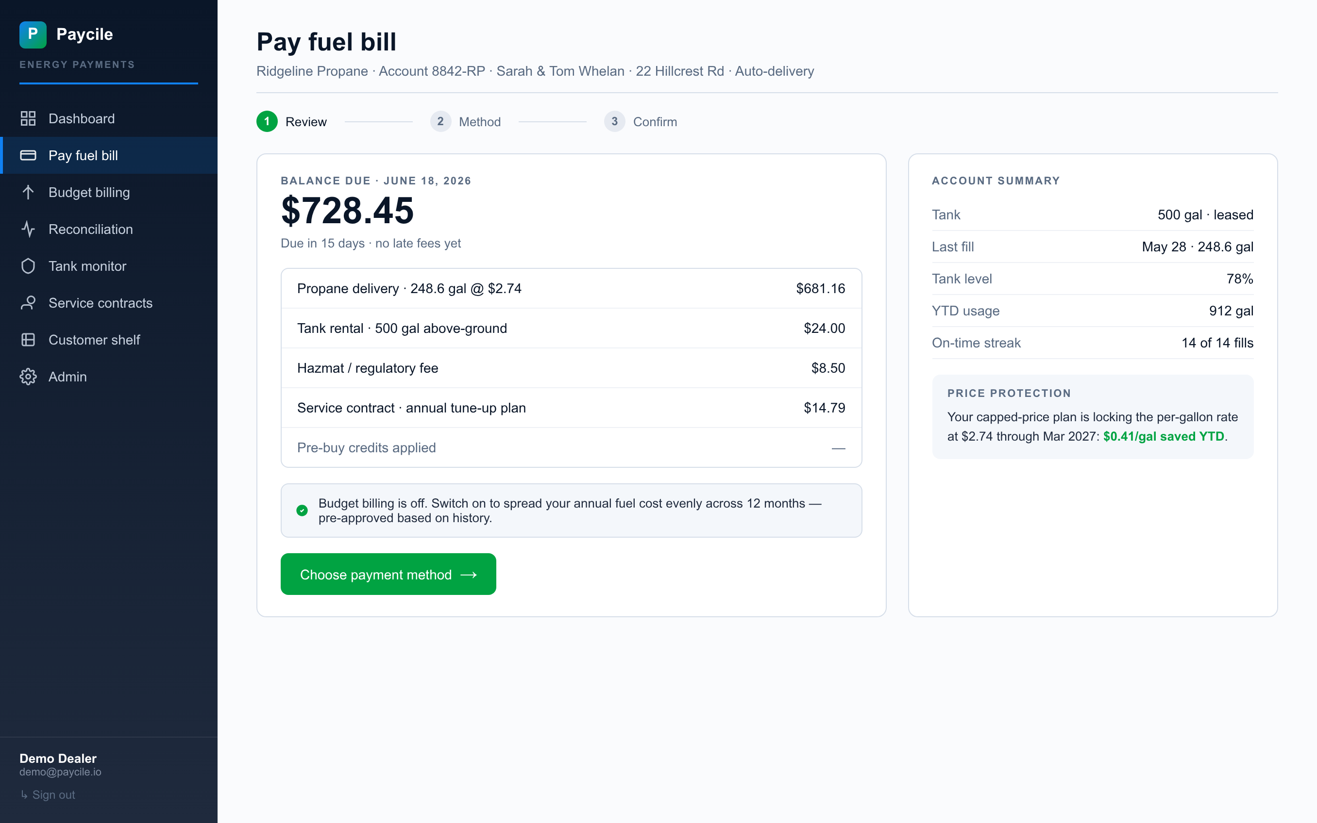 Customer payment portal interface